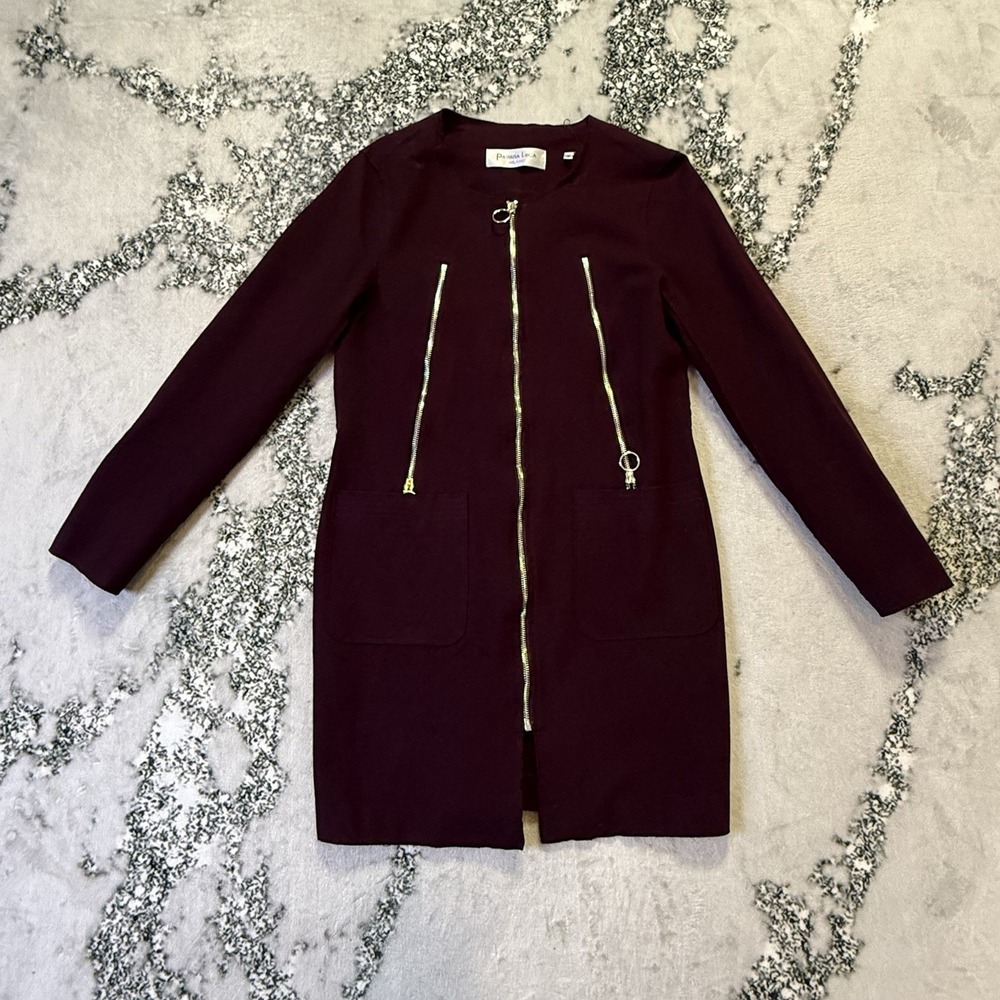 Patrizia Luca Milano Coat Womens Size‎ S Burgundy Zip Front Accents Round Neck